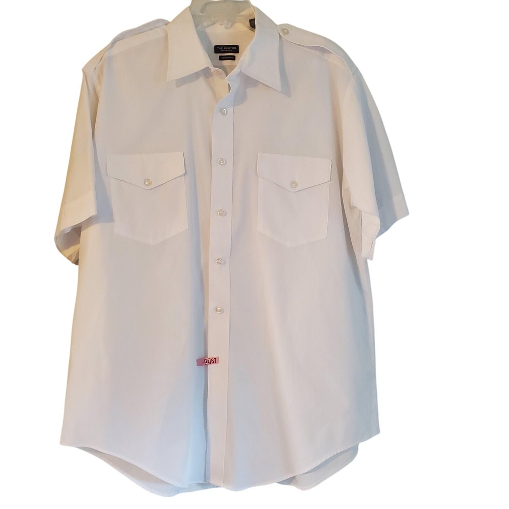 Van Heusen‎ Aviator Shirt Mens 17 White Pilot Short Sleeve Wrinkle Free Epaulets
